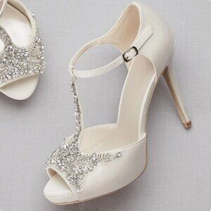 FSJ White Crystal T Strap High Heel Bridal Wedding Open Toe Rhinestones Sandals